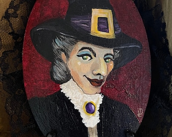 Médaillon Portrait de Sorcière d'Halloween - Peinture acrylique originale sur bois - Décoration d'Halloween - Art décoratif