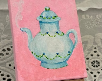 Small painting of a tea kettle- Tiny canvas with wood easel- Home decor -  Gift idea - Decorative Art - Original painting