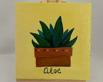 Small painting of potted aloe- Tiny canvas with wood easel- Home decor -  Gift idea - Decorative Art - Original painting