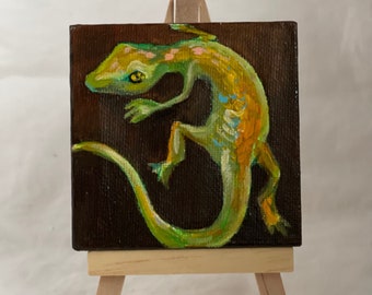 Small painting of a lizard- Tiny canvas with wood easel- Home decor -  Gift idea - Decorative Art - Original painting