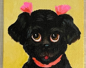 Small painting of a black puppy- Tiny canvas with wood easel- Home decor - Pet portrait - Gift idea - Decorative art - Original painting