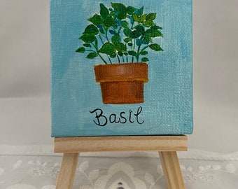 Small painting of potted basil- Tiny canvas with wood easel- Home decor -  Gift idea - Decorative Art - Original painting