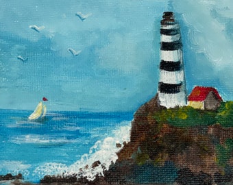 Small painting of a lighthouse- Tiny canvas with wood easel- Home decor -  Gift idea - Decorative Art - Original painting