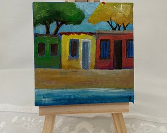 Small Coastal Tropical Painting- Tiny canvas with wood easel- Home decor -  Gift idea - Decorative Art - Original painting