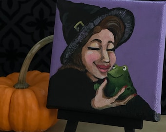 Petite peinture de sorcière avec sa grenouille- Petite toile avec chevalet en bois- Décoration intérieure - Décor d’Halloween - Idée cadeau - Peinture originale