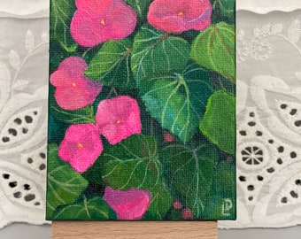 Small painting of begonias- Tiny canvas with wood easel- Home decor -  Gift idea - Decorative Art - Original painting