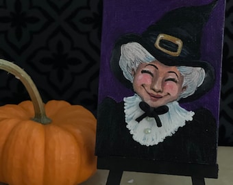 Peinture d’une sorcière d’Halloween souriante - Petite toile avec chevalet en bois - Décoration intérieure - Décor d’Halloween - Idée cadeau - Peinture originale