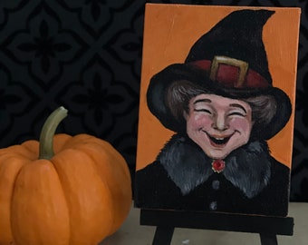 Peinture d’une sorcière d’Halloween qui rit - Toile minuscule avec chevalet en bois - Décoration intérieure - Décor d’Halloween - Idée cadeau - Peinture originale