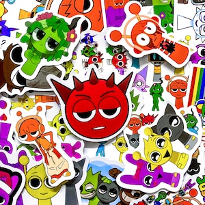 Puede incluir: Una colección de pegatinas de dibujos animados coloridos con varios personajes. Las pegatinas muestran una variedad de diseños, incluyendo extraterrestres, monstruos y otras criaturas caprichosas. La paleta de colores incluye rojo, verde, naranja, amarillo y morado.