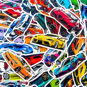 May include: A collection of colorful car stickers in various designs and colors, including red, blue, yellow, and orange. The stickers feature sports cars and race cars, with a white border.