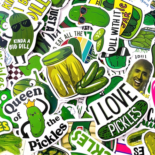 Pack of 50 Funny Pickle Stickers, Cute Cucumber Stickers, Dill Pickle Stickers, Green Veggie Stickers, Waterproof Stickers for Teens, Adults