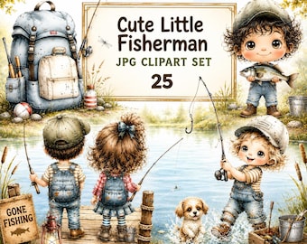 Cute Little Fisherman Clipart Set, Watercolor Boy Fishing, Kids Fishing Clipart, Nursery Art, 25 JPG Bundle, Commercial Use