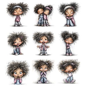 May include: Nine illustrations of cartoon girls with curly hair, each in different poses and expressions. The girls wear pink and blue outfits. Some are hugging, while others are sad, surprised, or sticking out their tongues. The artwork has a soft, sketched style.