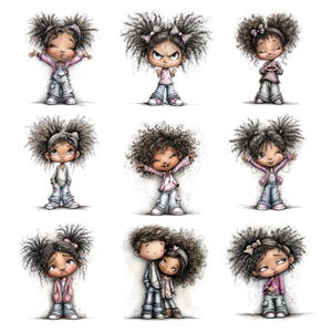 May include: Nine cartoon illustrations of children with curly hair, each showing different emotions. The children wear casual outfits in pink, grey, and blue. The illustrations have a soft, watercolour-like style, with a focus on facial expressions.