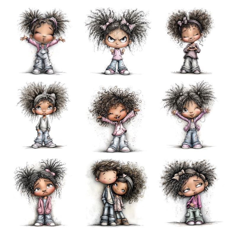 May include: Nine cartoon illustrations of children with curly hair, each showing different emotions. The children wear casual outfits in pink, grey, and blue. The illustrations have a soft, watercolour-like style, with a focus on facial expressions.