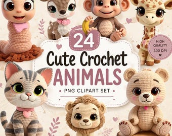 Amigurumi Animals Clipart Set, Crochet Style PNG, Nursery Decor Stickers (Digital Download)