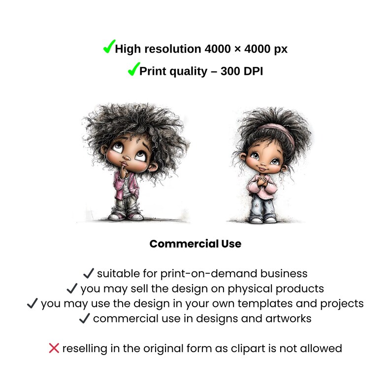 May include: Digital illustration of two cartoon children with big eyes and curly hair. One wears a pink jacket, the other a pink top. Text includes "High resolution 4000 x 4000 px" and "Print quality - 300 DPI".