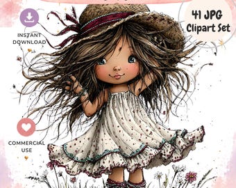 May include: A digital illustration of a girl with long brown hair wearing a straw hat and a white dress with small red patterns and ruffled edges. The girl wears dark red sandals and stands in a field of flowers. Text reads Summer Girl Moments.
