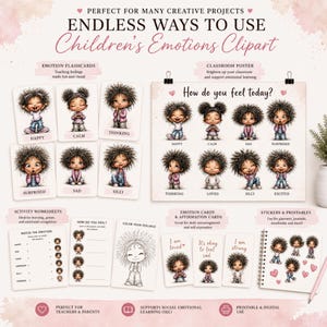 May include: A Children's Emotions Clipart set including flashcards, a classroom poster, worksheets, emotion cards, and stickers. The illustrations show children expressing emotions such as happy, sad, and calm. Suitable for teachers and parents.