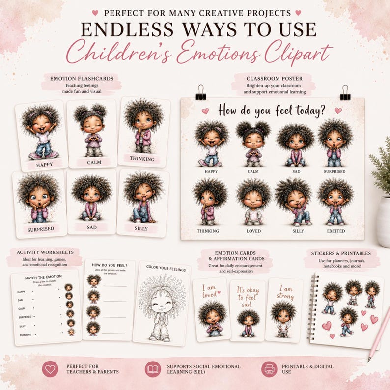 May include: A Children's Emotions Clipart set including flashcards, a classroom poster, worksheets, emotion cards, and stickers. The illustrations show children expressing emotions such as happy, sad, and calm. Suitable for teachers and parents.