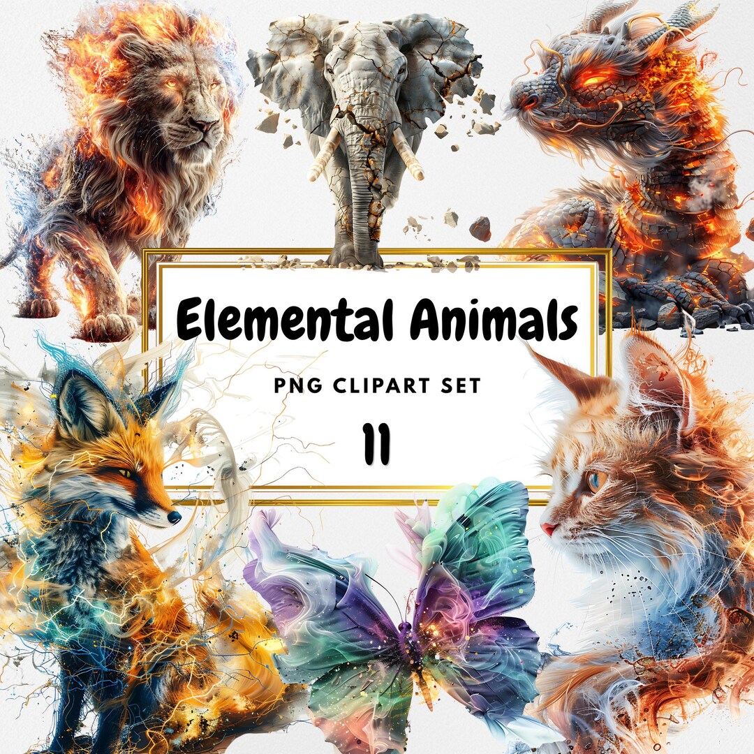 Surreal Clipart, Elemental Animals PNG, Fantasy Animal Set, Fire Water ...