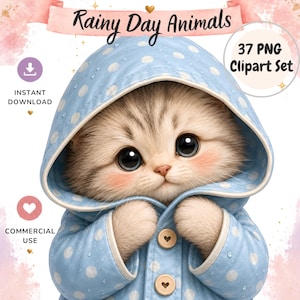 雨の日の動物のクリップアート、森の傘、かわいいコテージコアキャラクター、保育園のグラフィック、商用利用、DIY、コラージュ 37 PNG