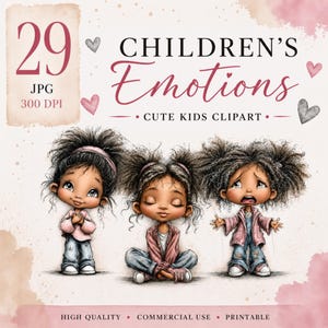 May include: Digital clipart set titled "Children's Emotions" featuring three cartoon children expressing different emotions. The image includes the text "29 JPG 300 DPI" and "Cute Kids Clipart". The clipart is high quality, for commercial use, and printable.