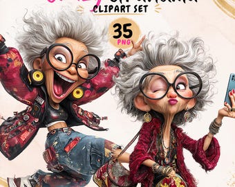 May include: Digital clipart set featuring two cartoon grandmothers with exaggerated features. The text "Crazy Grandma" is in pink script, with "CLIPART SET" below. A gold circle indicates "35 PNG". The grandmas wear glasses and fashionable clothing.