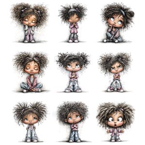 May include: Nine illustrations of young girls with curly hair, each showing a different emotion. The girls wear pink tops and various bottoms, including jeans and overalls. The artwork has a soft, cartoonish style with detailed facial expressions.