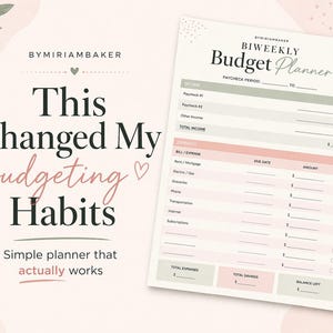 Pode incluir: Um planejador de orçamento quinzenal com uma paleta de cores suaves. O planejador inclui seções para renda, despesas e economias. O texto no planejador diz "Biweekly Budget Planner" e "This Changed My Budgeting Habits". O design incorpora detalhes florais.
