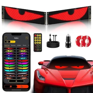 May include: Two rectangular LED panels displaying red glowing eye graphics, a smartphone showing a control app interface, a remote control, a USB power cable, a car cigarette lighter adapter, and two rolls of double-sided adhesive tape.