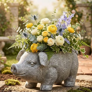 Puede incluir: Una maceta gris con forma de cerdo llena de un vibrante arreglo de flores amarillas, blancas y azules y vegetación. La maceta texturizada se coloca al aire libre en un jardín.