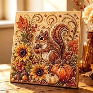 May include: A square diamond painting art piece featuring a brown squirrel holding an acorn, surrounded by orange and yellow sunflowers, autumn leaves, red berries, and two pumpkins. The design is embellished with sparkling beads and gems.