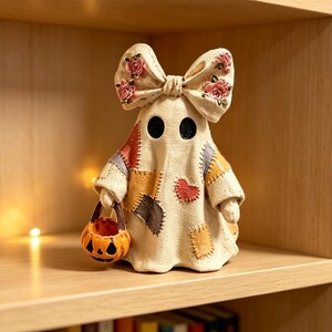 May include: A cream-colored ghost figurine featuring a large bow on its head decorated with pink roses. The ghost has a patchwork design with various colored fabric squares and a red heart, and it holds a small orange jack-o'-lantern bucket.