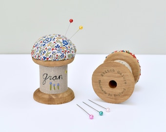 Personalised pincushion, pin cushion, personalized pin holder, spool pincushion, pin holder, bobbin pincushion, cotton reel pincushion