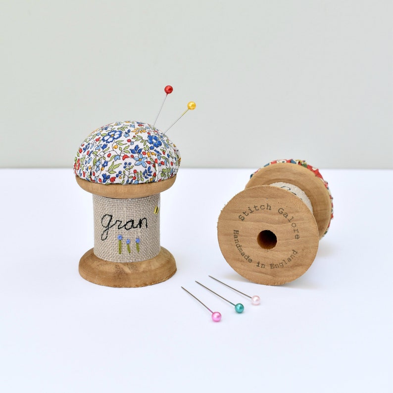 Personalised pincushion, pin cushion, personalized pin holder, spool pincushion, pin holder, bobbin pincushion, cotton reel pincushion image 1