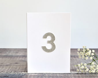 3rd Birthday card, age 3 card, card for 3 year old, age three card, age card, third wedding anniversary card, silver gold glitter fabric