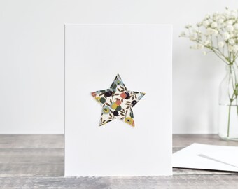 Christmas star card, embroidered Christmas card, sewn Christmas card, fabric star stitched Christmas card, Liberty fabric handmade card