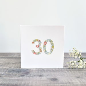 30 Geburtstagskarte, 30 Jahre alte Karte, Karte für 30 jährige, Dreißig Karte, Dreißigste Karte, 30. Hochzeitstag Karte, genähte Liberty Stoffkarte