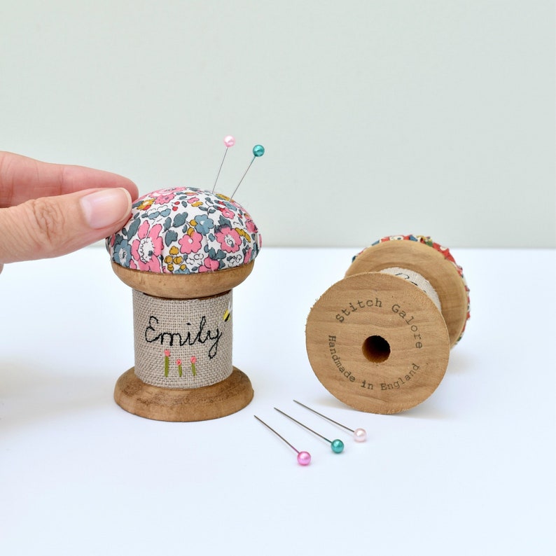 Personalised pin cushion, liberty fabric pin holder, wooden spool pincushion , cotton reel needle holder, personalized gift for sewer image 2