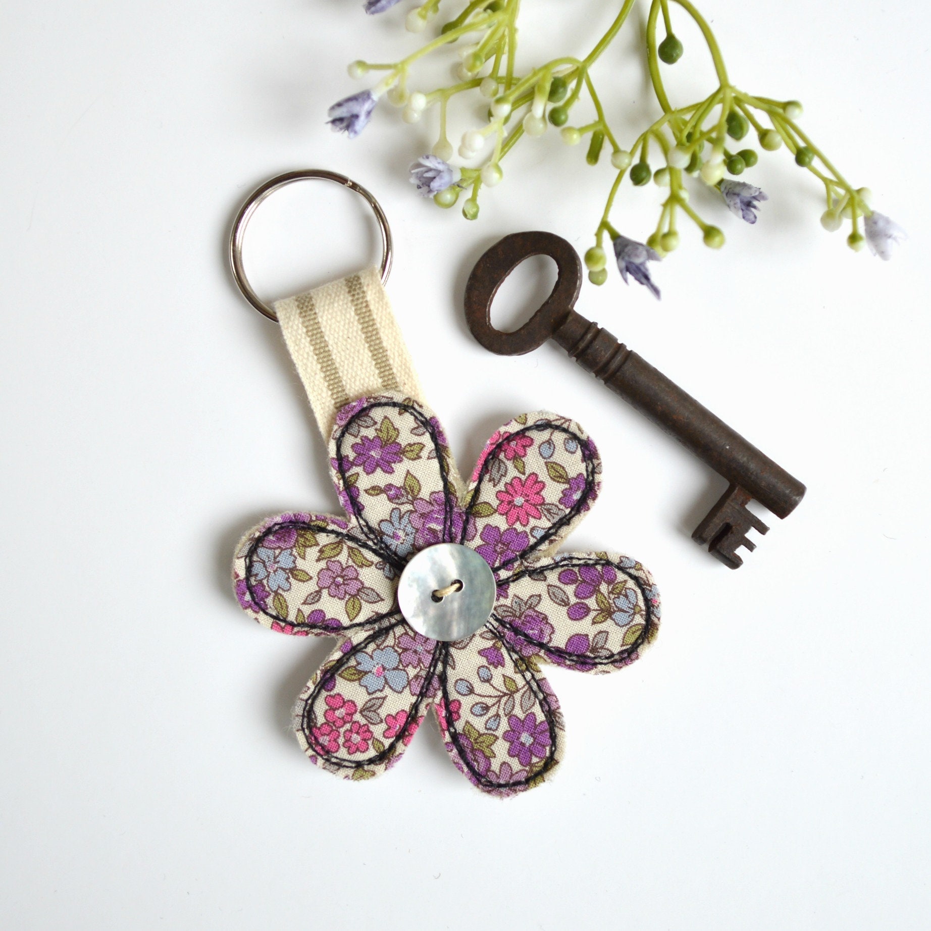 Flower keyring Floral fabric flower key ring Flower keyfob Etsy