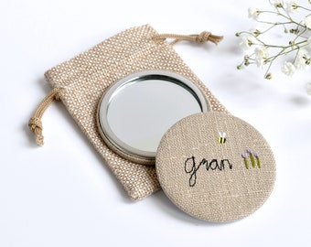 Personalised handbag mirror, personalised compact mirror, personalised pocket mirror, embroidered mirror, custom name mirror, bespoke mirror