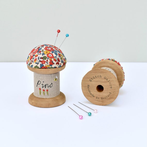 Pincushion, Liberty Fabric Wooden Spool Pincushion, Embroidered Linen Pin  Cushion, Cotton Reel Pin Holder, Needle Holder, Sewing Gift 