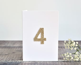 4th Birthday card, age 4 card, card for 4 year old, age four card, age card, fourth Birthday card, 4th Anniversary card, silver gold glitter