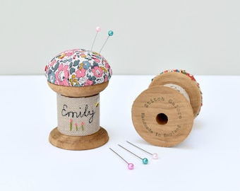 Personalised pin cushion, liberty fabric pin holder, wooden spool pincushion , cotton reel needle holder, personalized gift for sewer