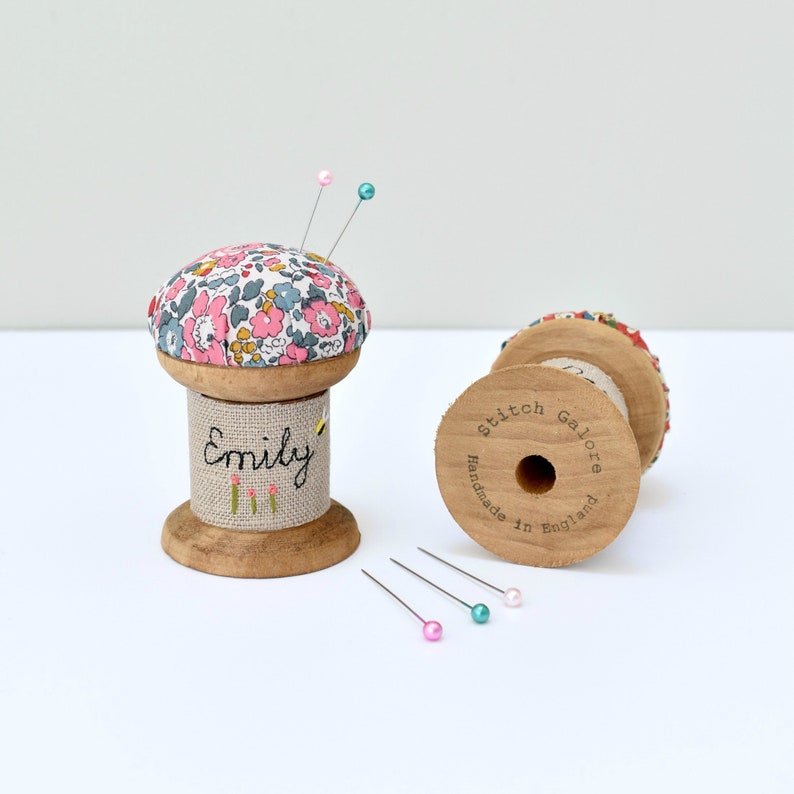 Personalised pin cushion, liberty fabric pin holder, wooden spool pincushion , cotton reel needle holder, personalized gift for sewer image 1