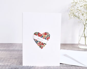 Liberty fabric Valentines card, Liberty fabric heart card, embroidered heart card, sewn fabric heart card, handmade Valentines card for her