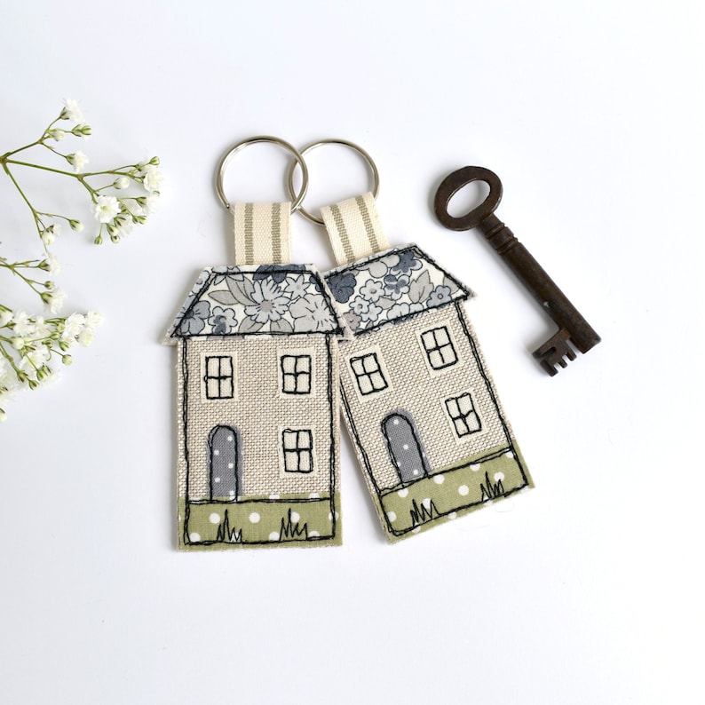 House embroidered keychain, house keyfob, house key ring, house keychain, house warming gift, new home gift, embroidered house keyring image 1