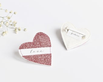 Pink glitter heart brooch, pink glitter fabric heart badge, sewn fabric heart brooch, pink love heart pin badge, handmade Valentines gift