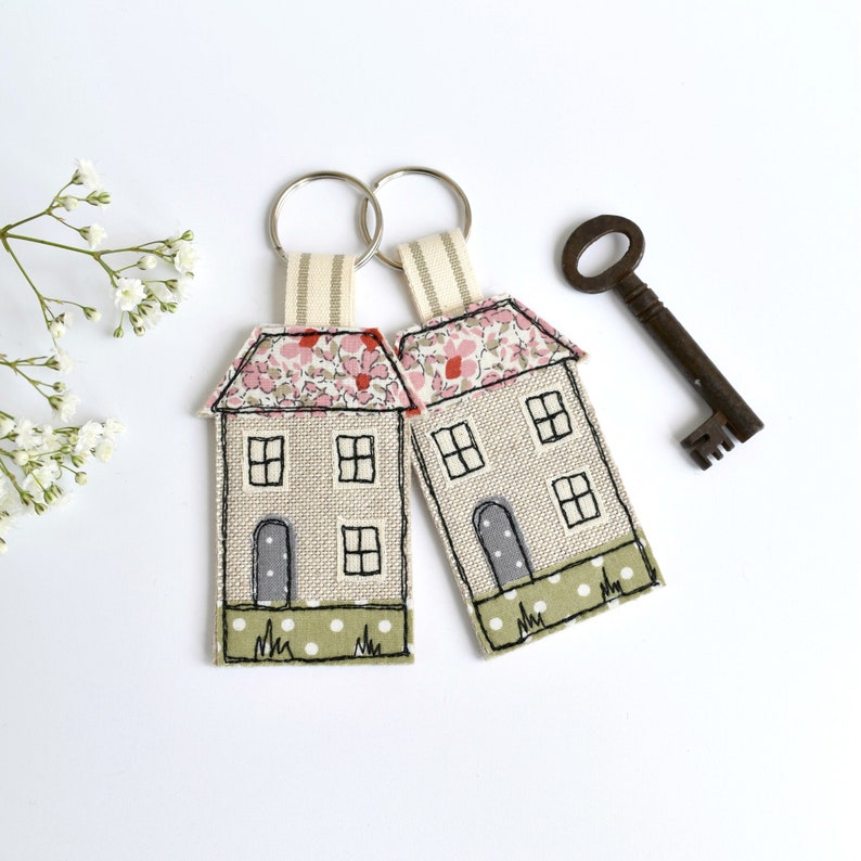 Embroidered house key ring, house keychain, house warming gift, house keyfob, new home keyring, house key chain image 1